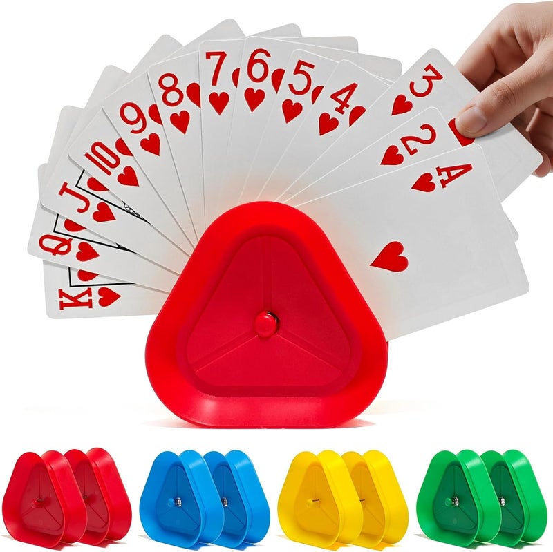 LEAFORIA Playing Card Holders 8 Pack - Triangle Hands Free Card Holder for Kids, Adults, Seniors | Plastic Card Holders for Poker, Game Nights, Classroom Activities (4 Colors) - Image 1